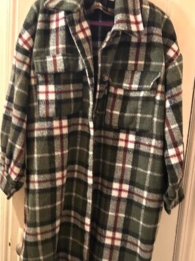 Green Plaid Button-Up Shacket with White and Burgundy Accents